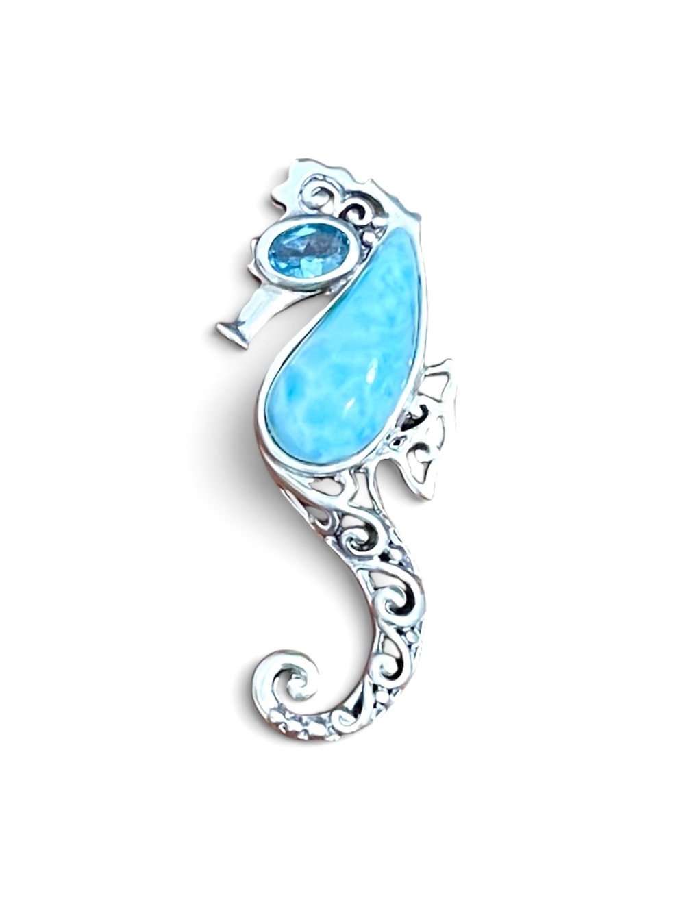 Sterling Silver Larimar and Blue Topaz Seahorse Pendant Made in Thailand